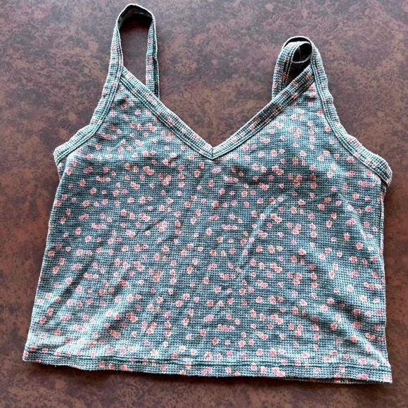 American Eagle Outfitters Tops - American Eagle Womens Sage Green Floral Waffle Knit Cropped Cami Tank Top Medium